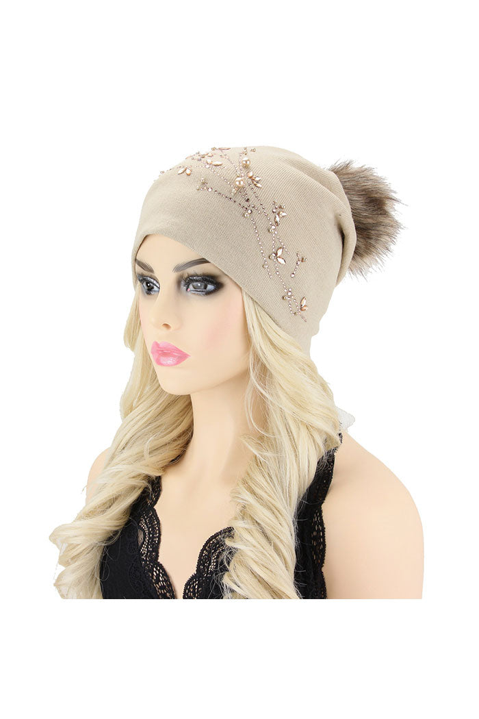 BEADED VINE POM POM BEANIE HAT