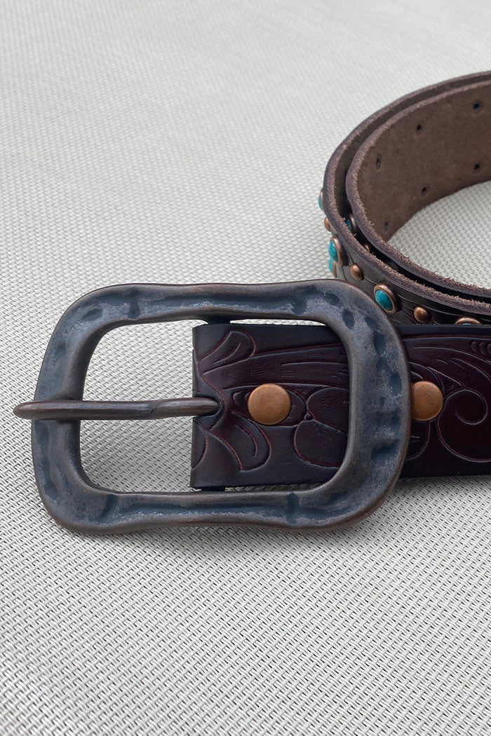 EMBOSSED LEATHER WESTERN BUCKLE BELT