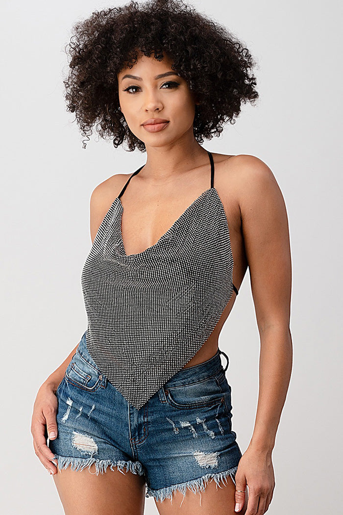 Metallic Backless Cowl Neck Crop Top