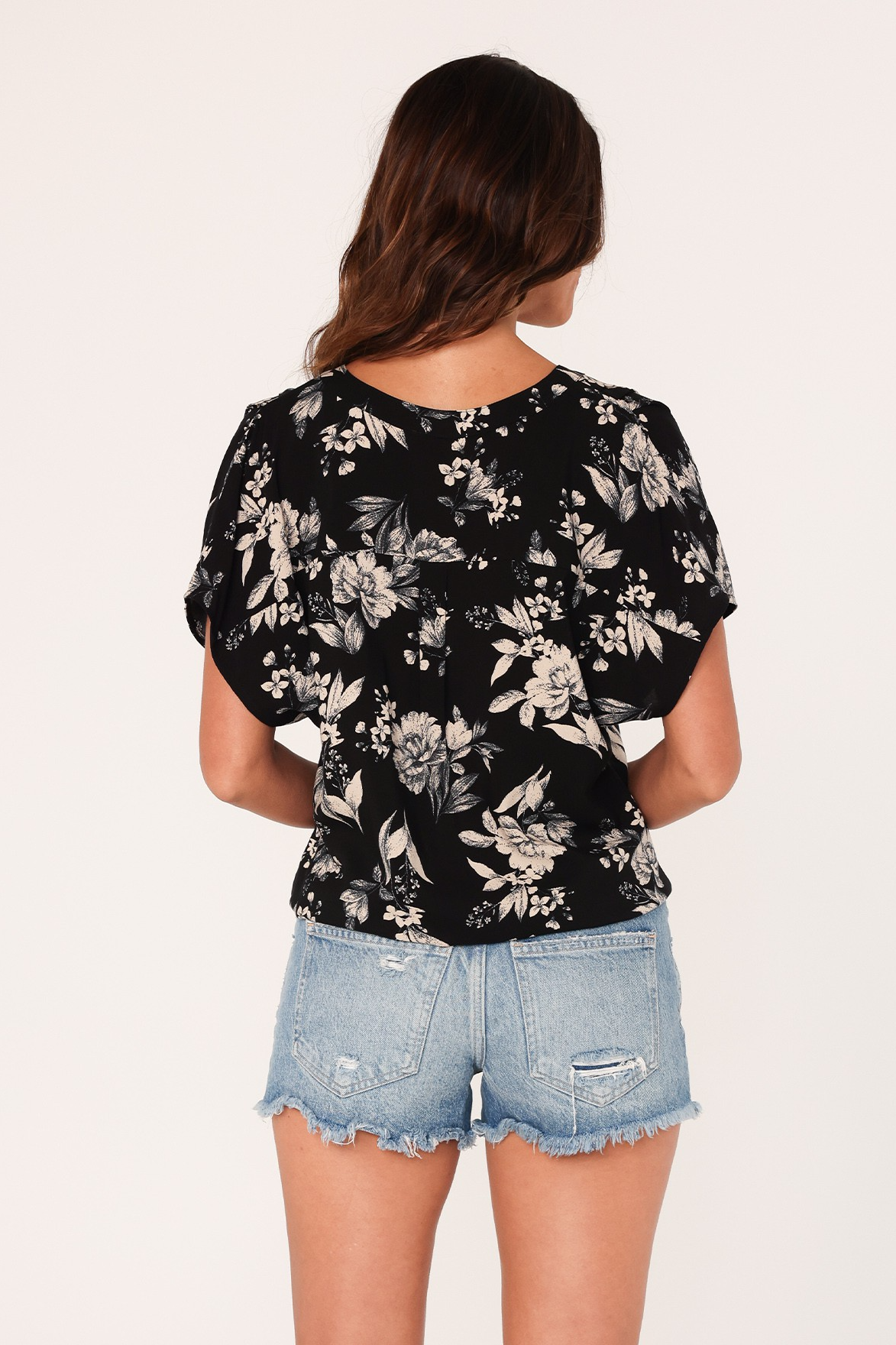 Floral Dolman Sleeve Tie Front Top
