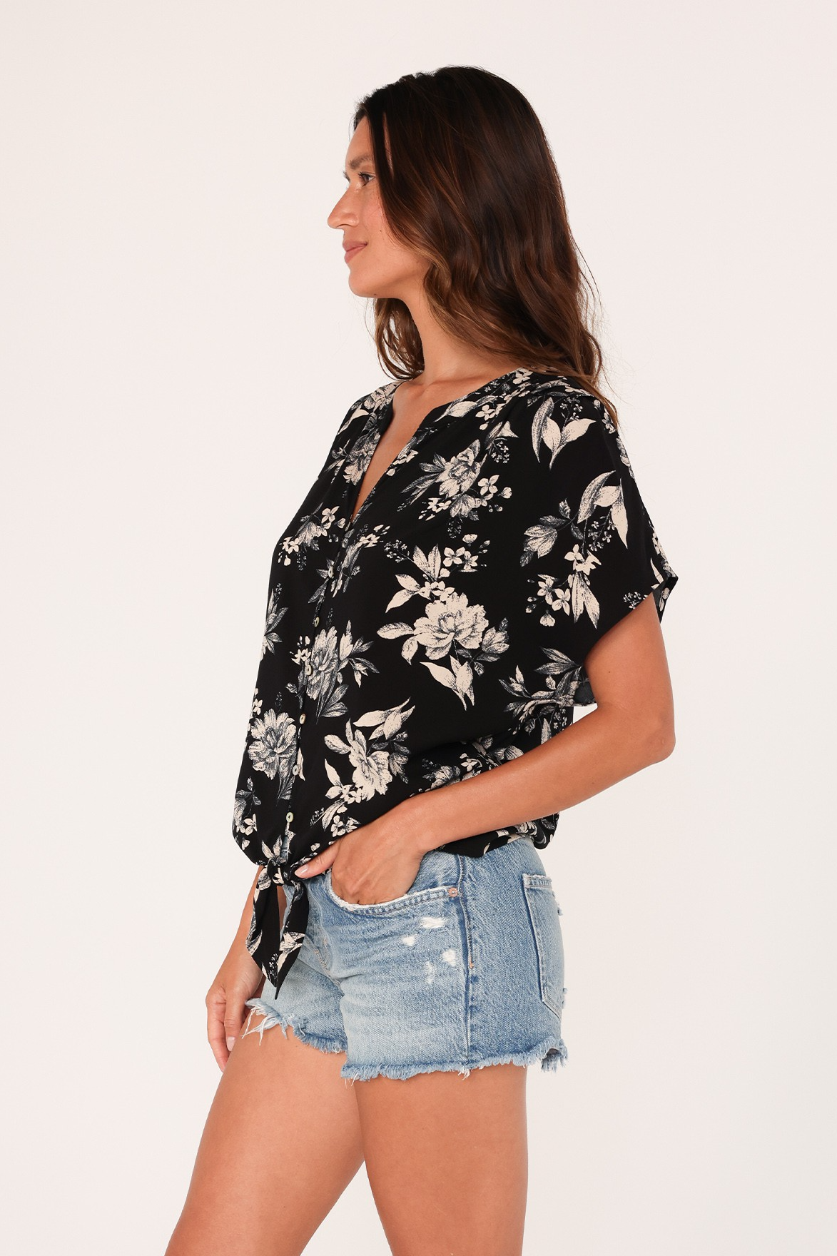 Floral Dolman Sleeve Tie Front Top
