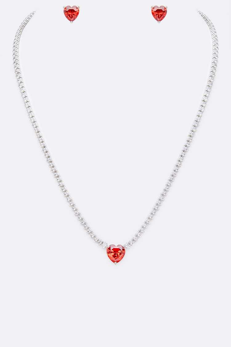 Cubic Zirconia Petite Heart Collar Necklace Set