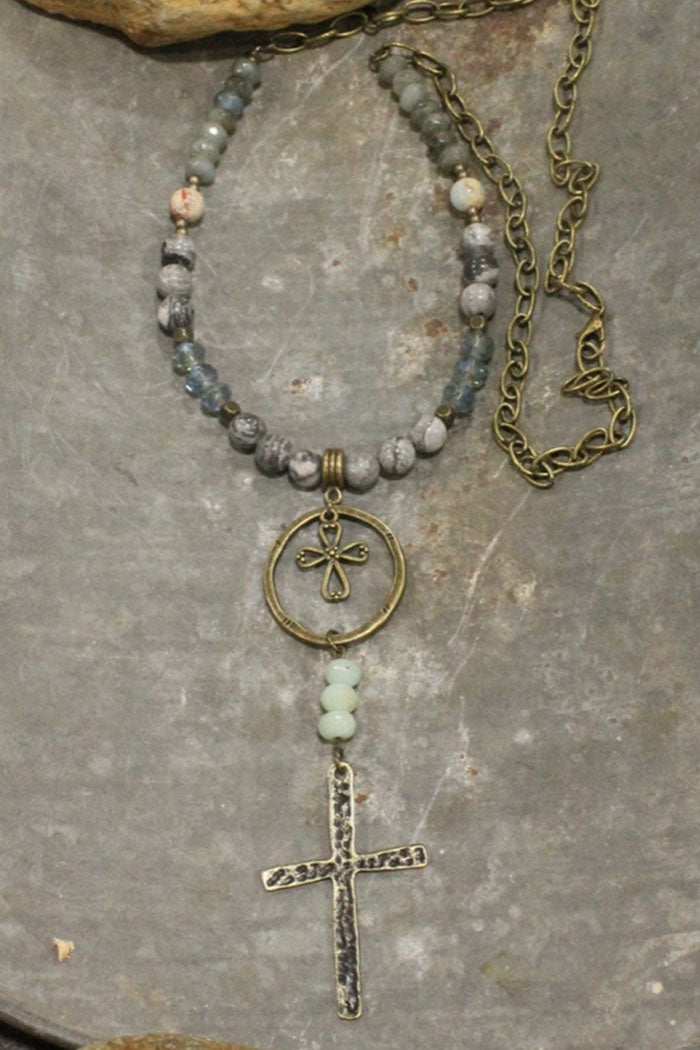 Bohemian Cross & Gray Stone Necklace