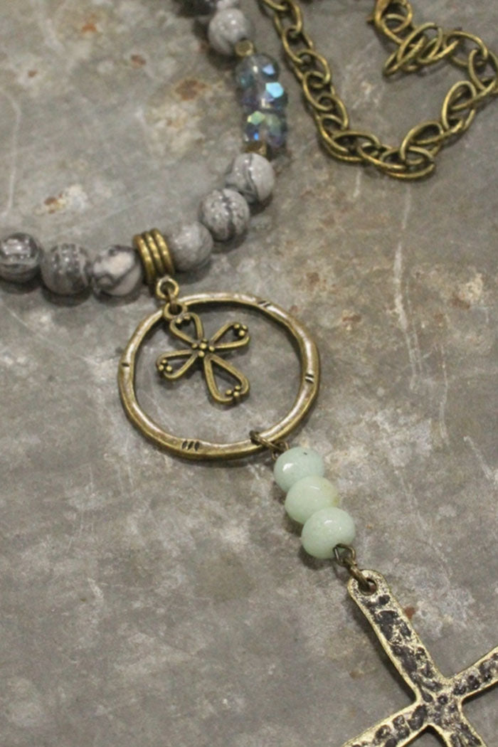 Bohemian Cross & Gray Stone Necklace