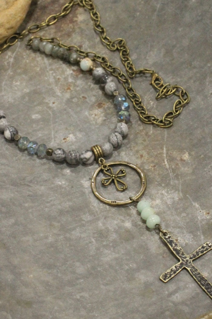 Bohemian Cross & Gray Stone Necklace