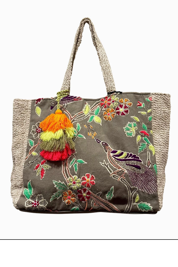 Embroidered Birds On Cotton Tote Bag