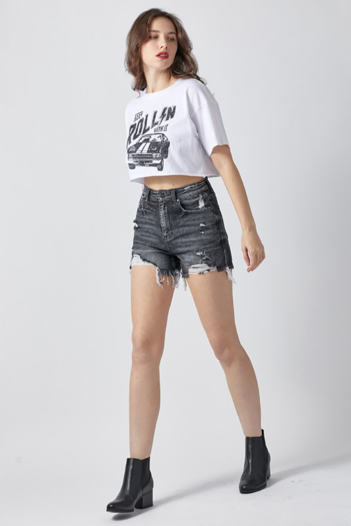 HIGH RISE DISTRESSED SHORTS