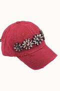Floral Bejeweled Bling Glitz Distressed Cap