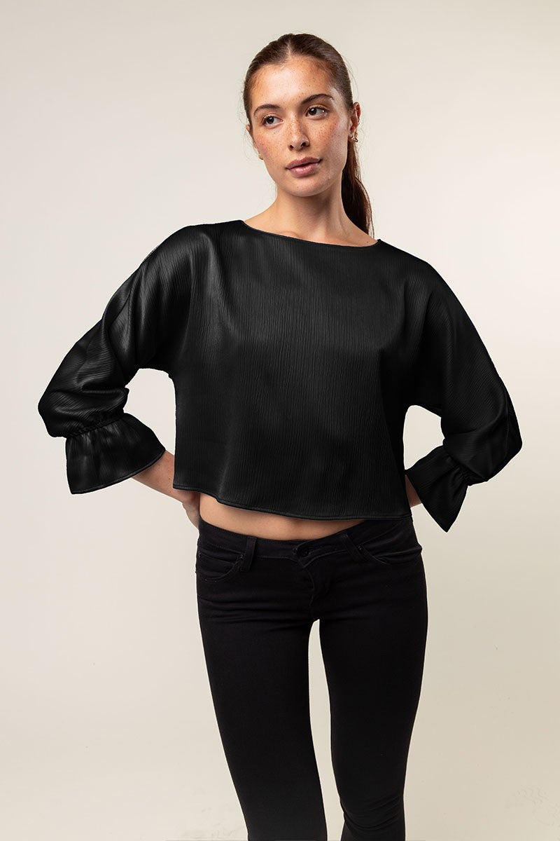 Gathered Cuff Sleeves Blouse in Crinkle Satin