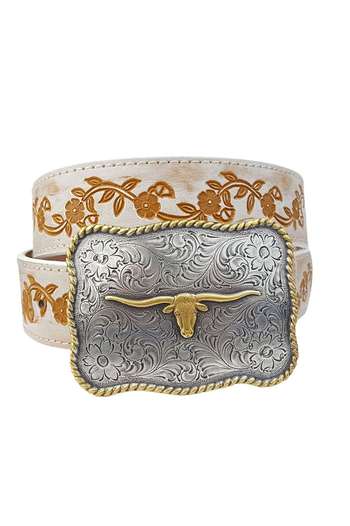 Longhorn Buckle Floral Tooled Belt