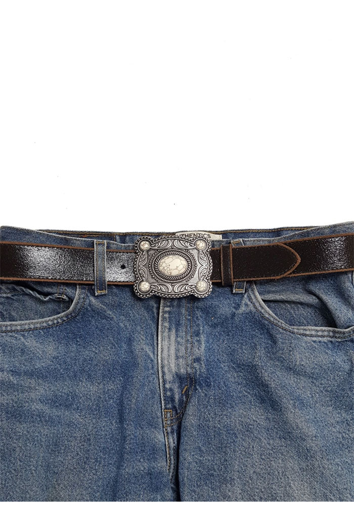 Western Stone Buckle Vintage Leather Belt