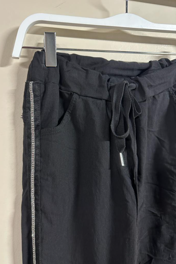 Rhinestone Side Stripe Crinkle Joggers