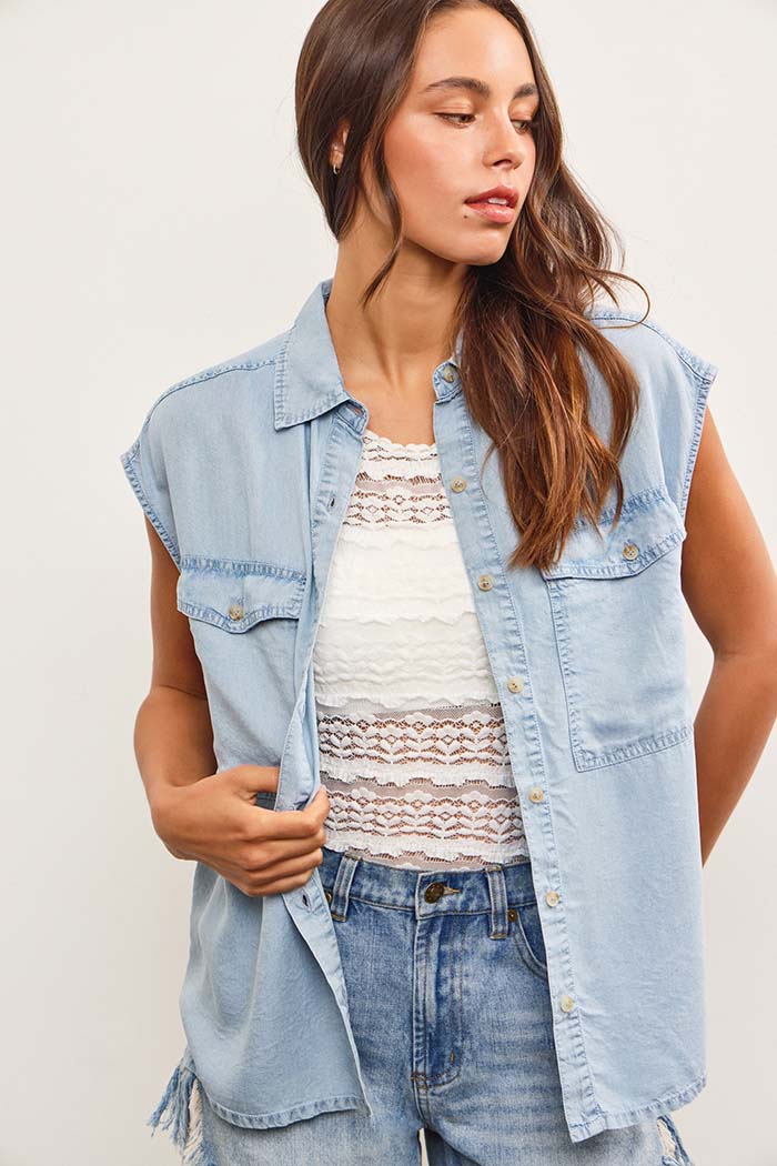 Cap Sleeve Button Up Denim Shirt Top