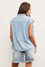 Cap Sleeve Button Up Denim Shirt Top