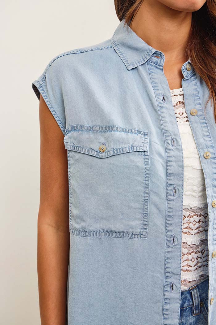 Cap Sleeve Button Up Denim Shirt Top