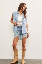 Cap Sleeve Button Up Denim Shirt Top