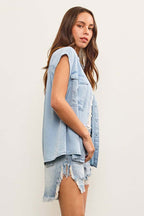 Cap Sleeve Button Up Denim Shirt Top