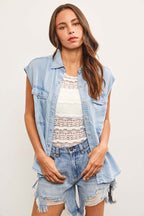 Cap Sleeve Button Up Denim Shirt Top