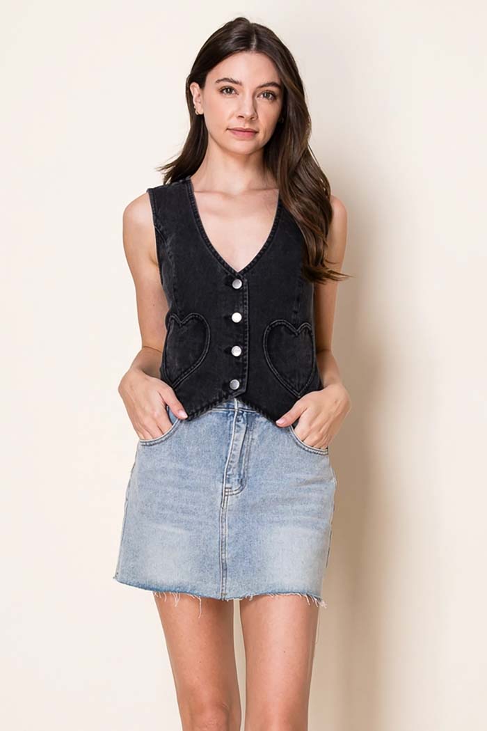 Washed Denim Fitted Vest with Heart Pockets