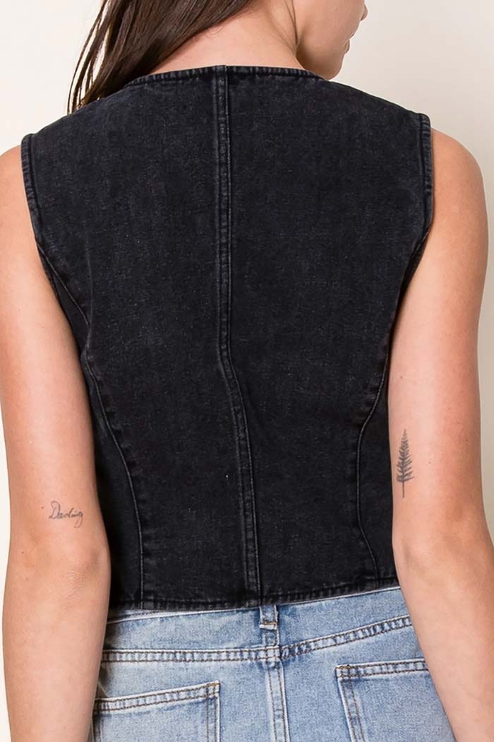 Washed Denim Fitted Vest with Heart Pockets
