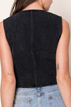 Washed Denim Fitted Vest with Heart Pockets