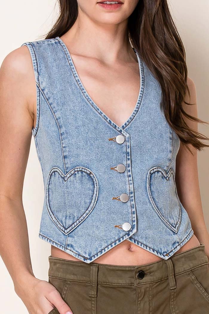 Washed Denim Fitted Vest with Heart Pockets
