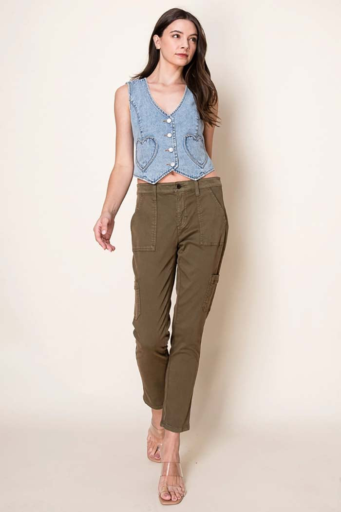 Washed Denim Fitted Vest with Heart Pockets