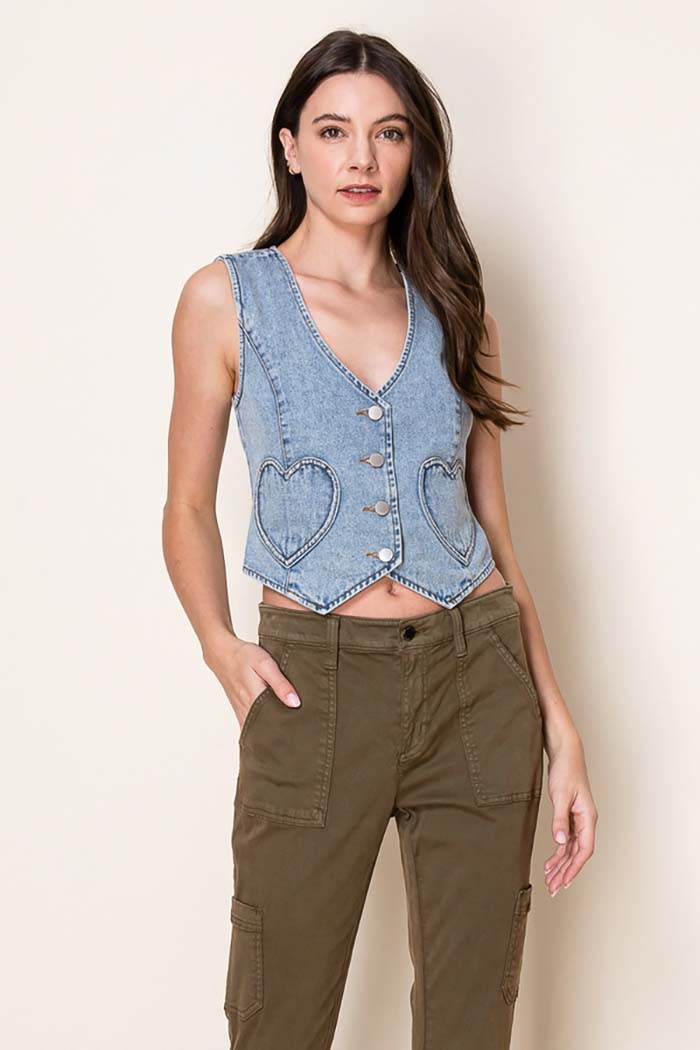 Washed Denim Fitted Vest with Heart Pockets