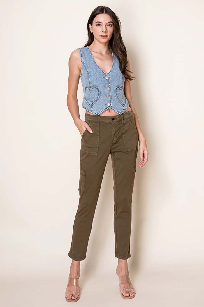 Washed Denim Fitted Vest with Heart Pockets