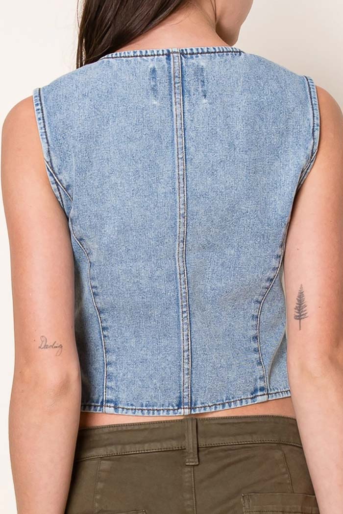 Washed Denim Fitted Vest with Heart Pockets