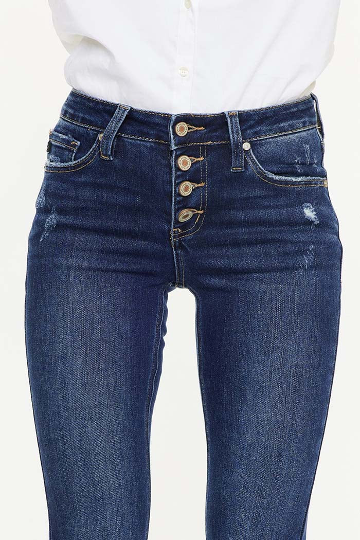 Button Up Distress Flare Jeans