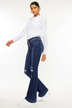 Button Up Distress Flare Jeans