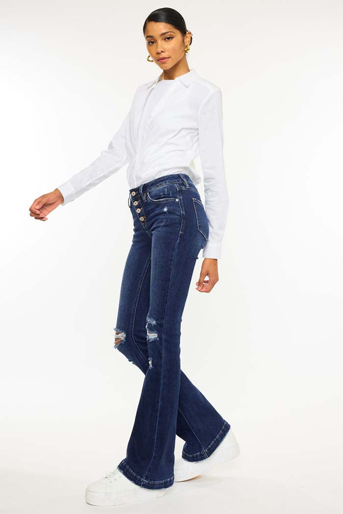 Button Up Distress Flare Jeans