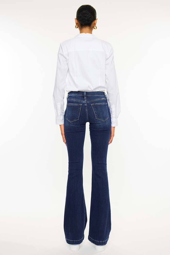 Button Up Distress Flare Jeans