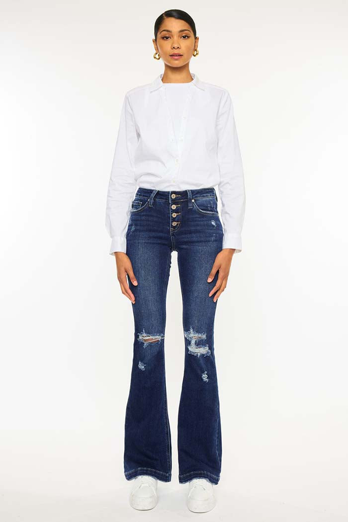 Button Up Distress Flare Jeans