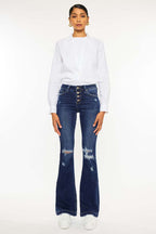 Button Up Distress Flare Jeans