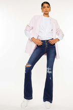 Button Up Distress Flare Jeans