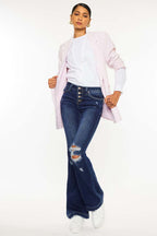 Button Up Distress Flare Jeans