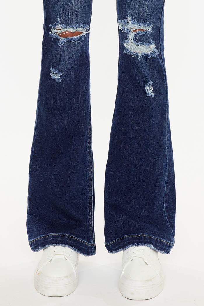 Button Up Distress Flare Jeans