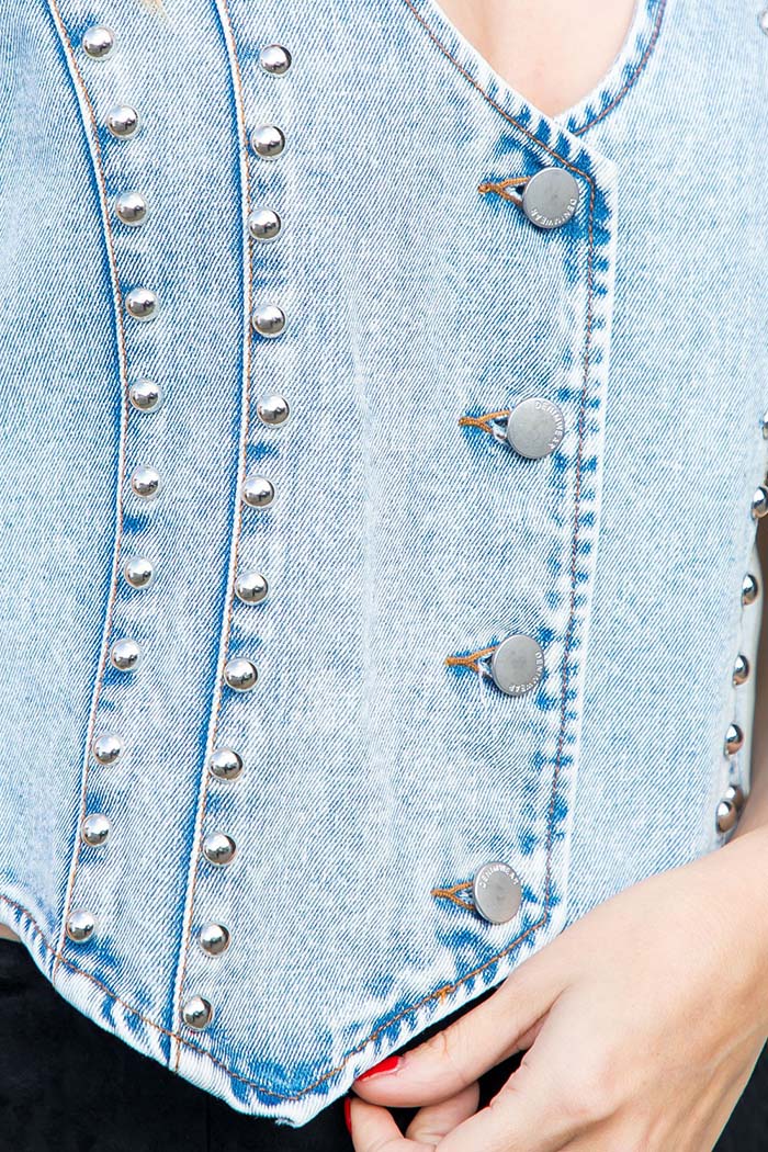 Studded Washed Denim Fitted Vest