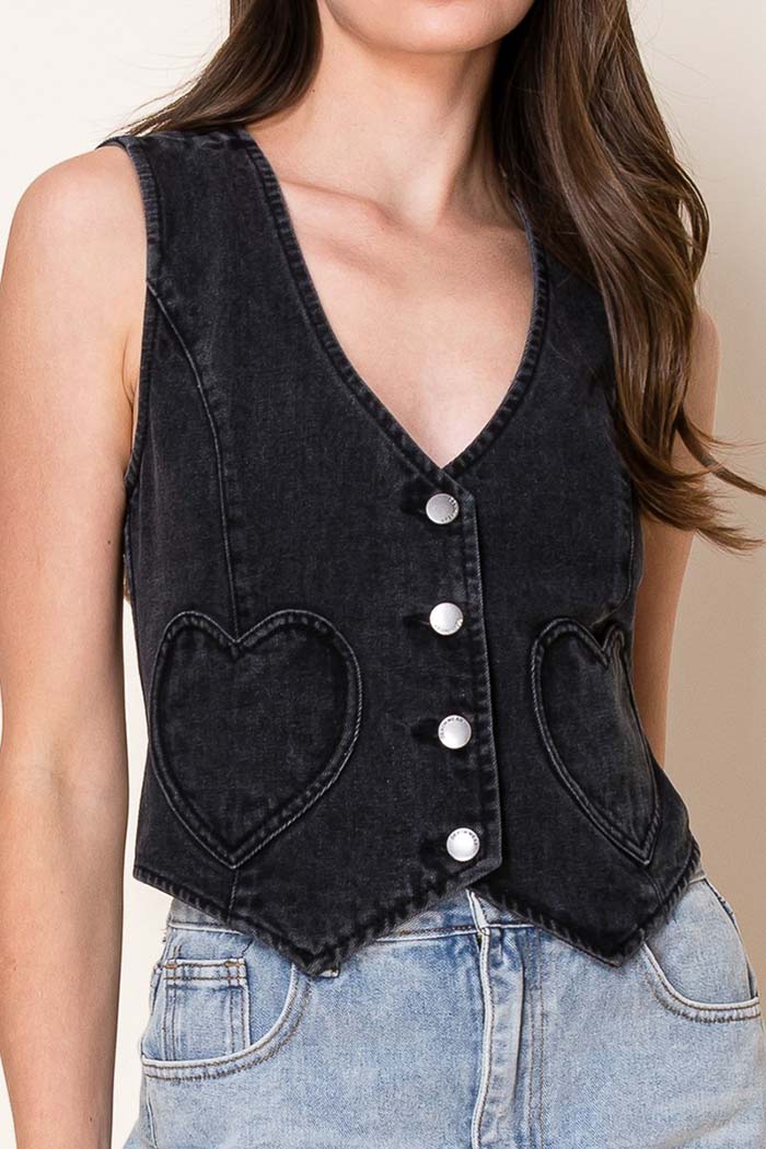 Denim Vest with Heart Pockets