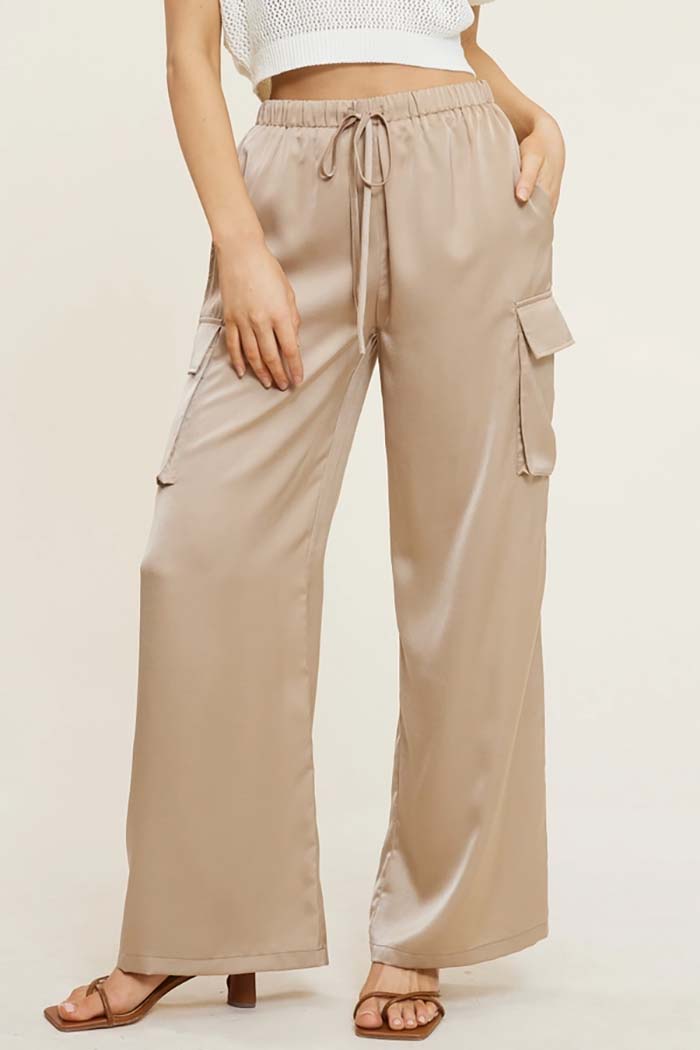 Solid Satin Cargo Pants