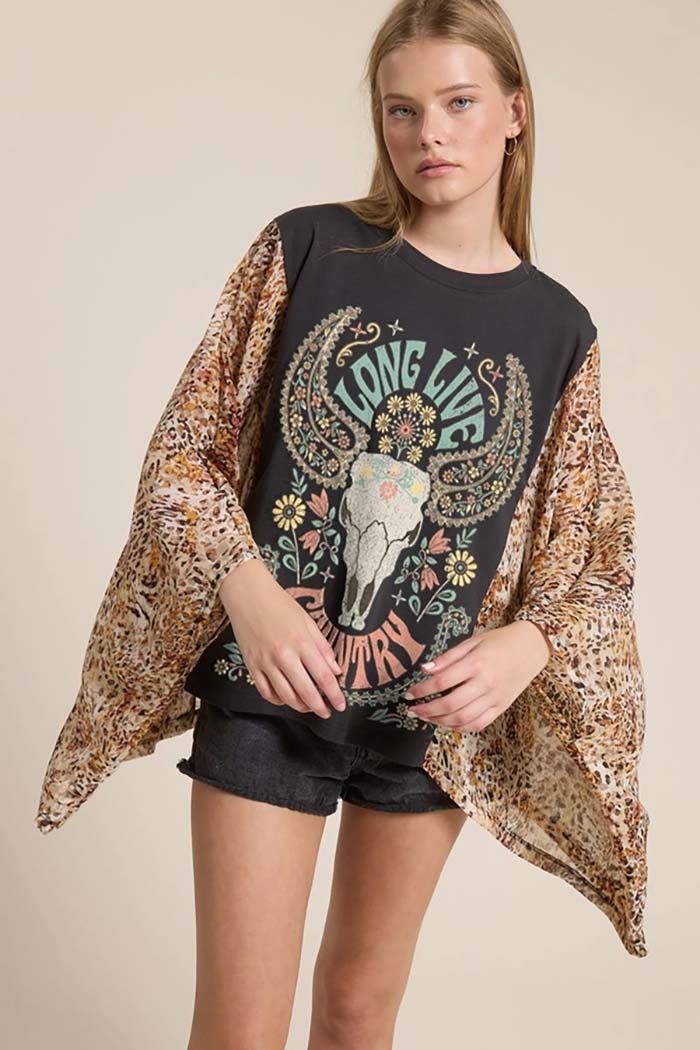 Cow Skull Graphic Kantha Top