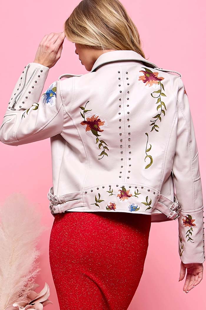 Floral Embroidery Faux Leather Jacket