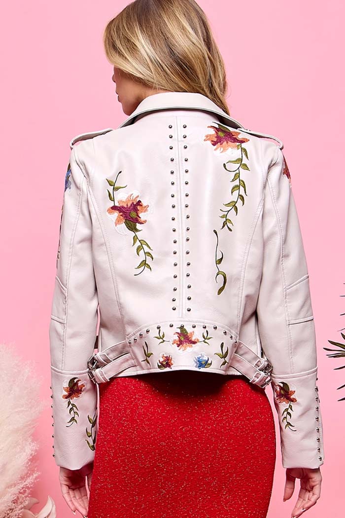 Floral Embroidery Faux Leather Jacket