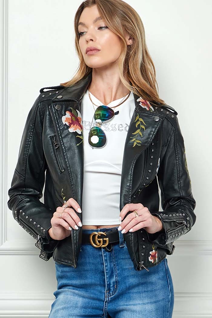 Floral Embroidery Faux Leather Jacket