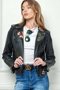 Floral Embroidery Faux Leather Jacket