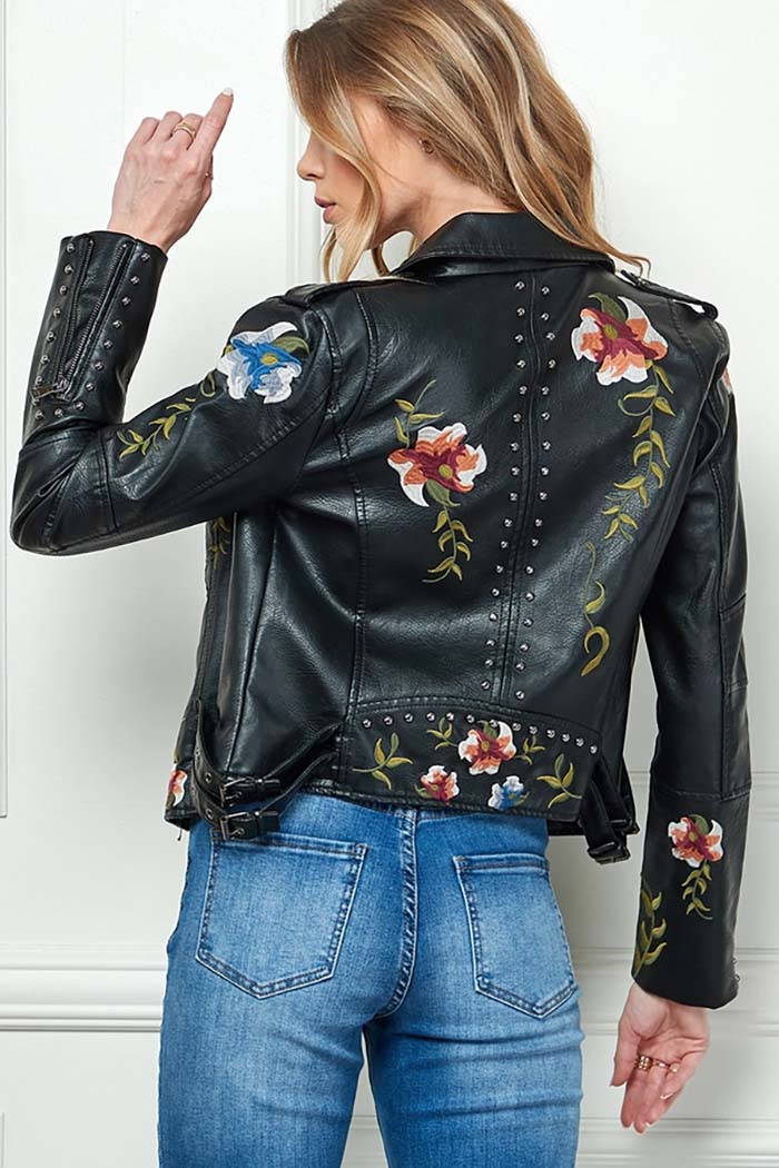 Floral Embroidery Faux Leather Jacket