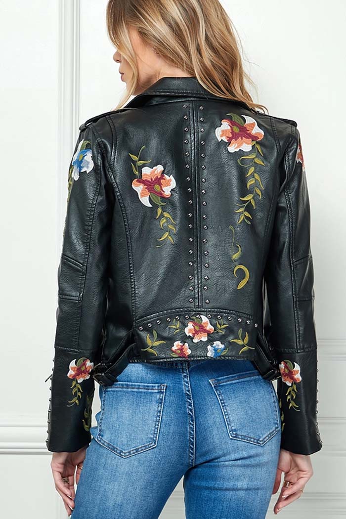 Floral Embroidery Faux Leather Jacket