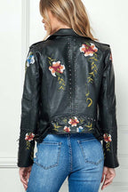 Floral Embroidery Faux Leather Jacket